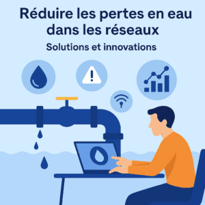 Illustration d'un technicien analysant les pertes d'eau via un ordinateur, avec une canalisation qui fuit et des icônes de données connectées.