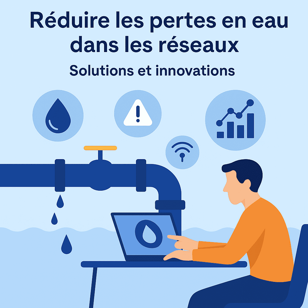 Illustration d'un technicien analysant les pertes d'eau via un ordinateur, avec une canalisation qui fuit et des icônes de données connectées.