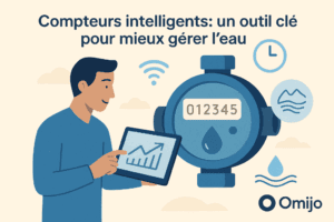 Illustration d’un homme utilisant une tablette pour surveiller un compteur d’eau intelligent avec des icônes de connectivité et d’analyse.