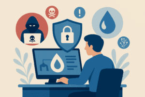 Illustration d'un technicien surveillant la cybersécurité d'un réseau d'eau, avec des icônes de cadenas, de hacker et de données sensibles.