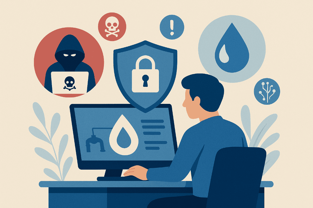 Illustration d'un technicien surveillant la cybersécurité d'un réseau d'eau, avec des icônes de cadenas, de hacker et de données sensibles.
